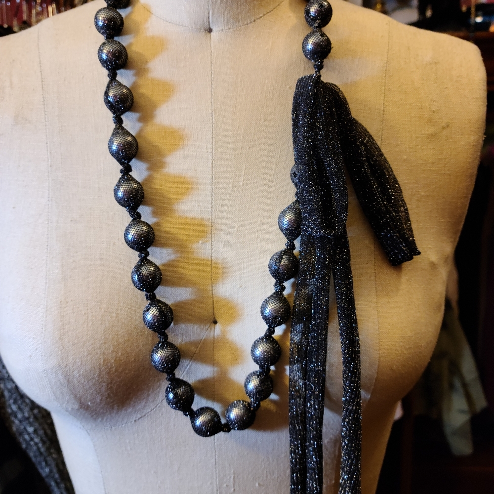 Grey Faux Pearl Sparkle Mes Bow Necklace
